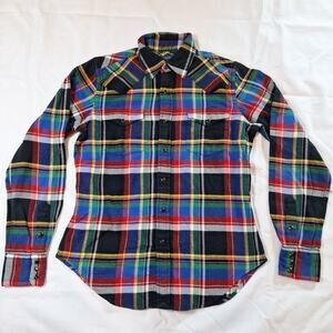 Ralph Lauren Polo Flannel Western Shirt Misses 8 Black Multi Plaid Pearl Snap